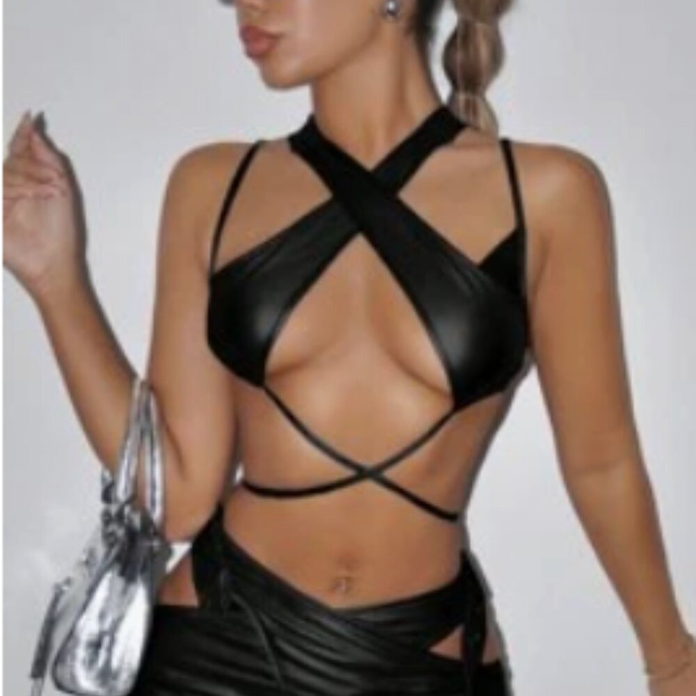 Black leather cross front top
